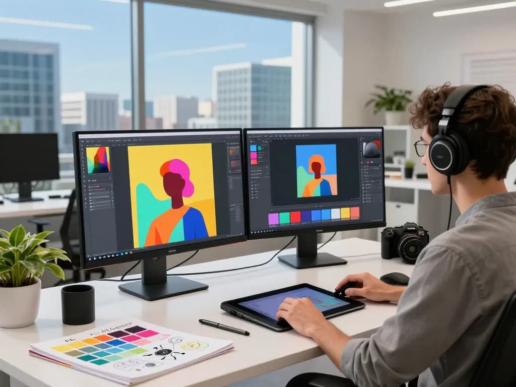 Designer using the Nano Banana Flash AI image editor in a vibrant digital art studio, surrounded by tech and creativity.