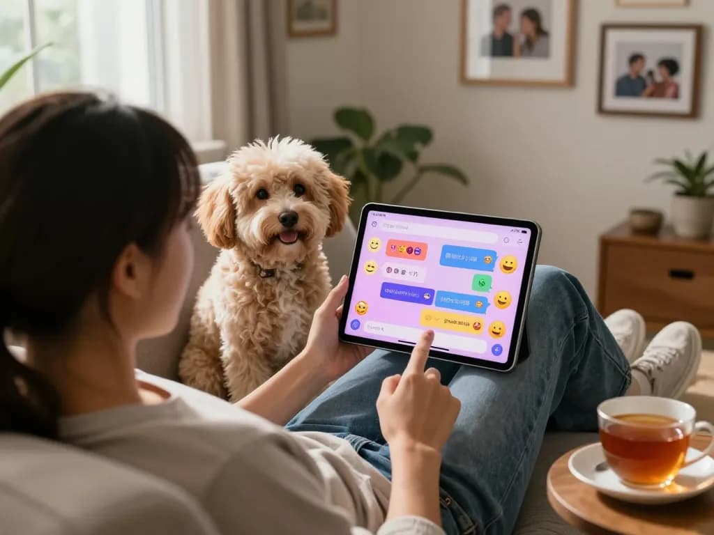 Person interacting with an AI girlfriend chatbot on a tablet in a cozy home setting.