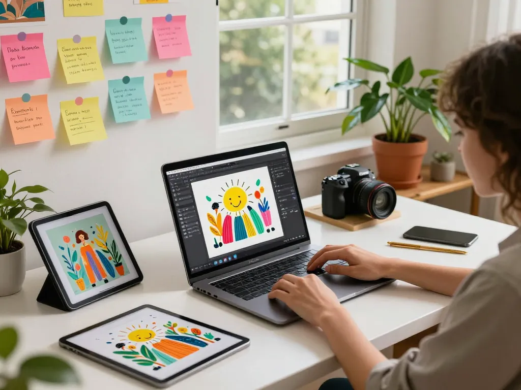 Digital artist using the nano banana AI image editor in a vibrant creative workspace filled with inspiration.