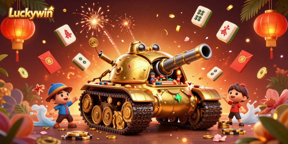 Experience the dynamic Luckywin gaming scene with golden beetle tanks and festive elements.