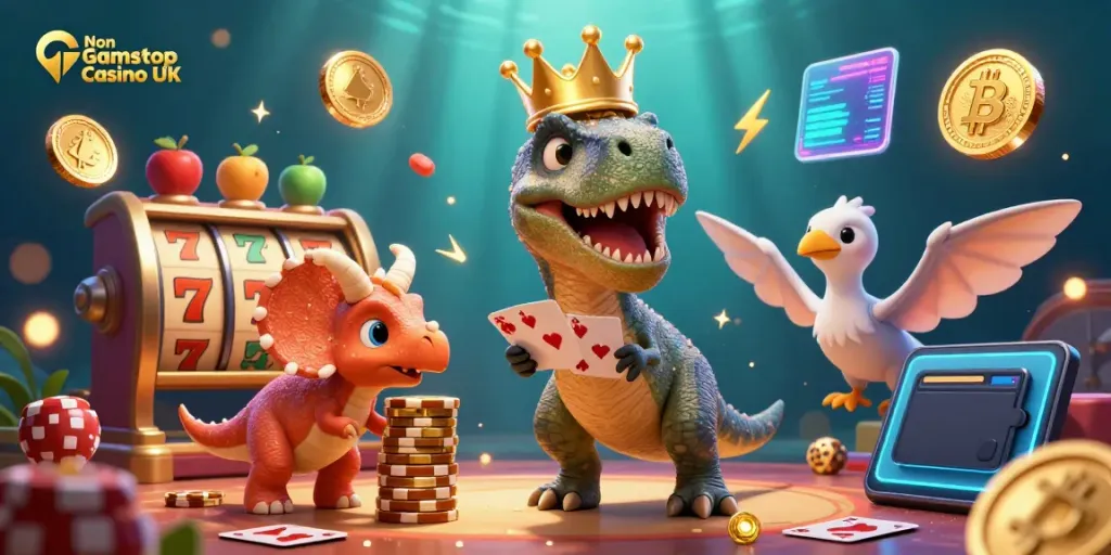 Engage with top slots at Non Gamstop Casino UK while fun characters play and stack golden chips.
