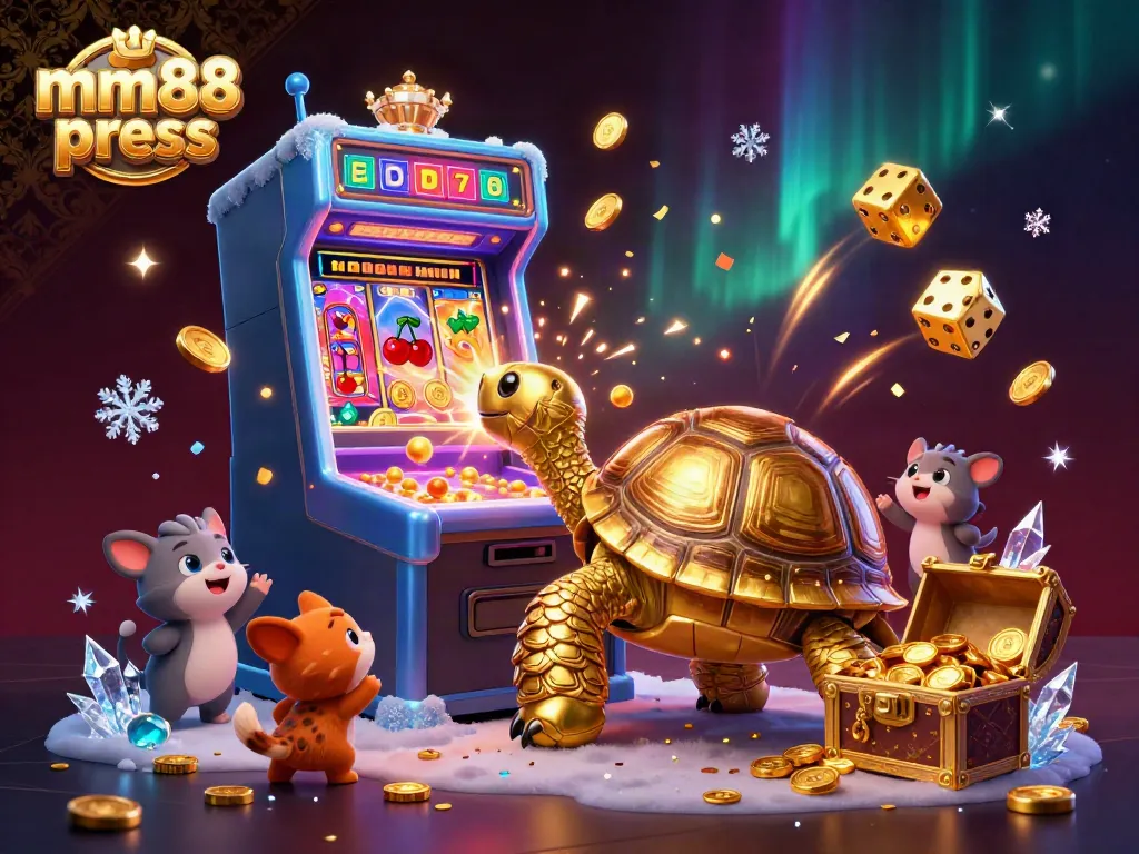 Play exciting casino games at mm88 press with a vibrant, fun 3D illustration of a golden tortoise and slot machine.