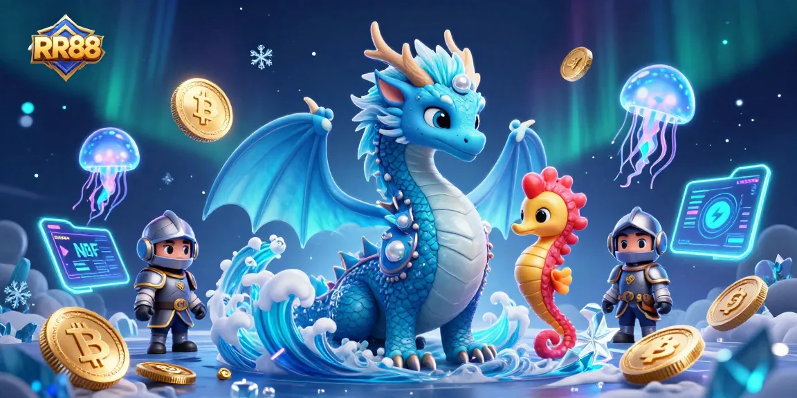 Engage with RR88's exciting gaming experience featuring a majestic water dragon alongside a seahorse knight and glowing jellyfish.