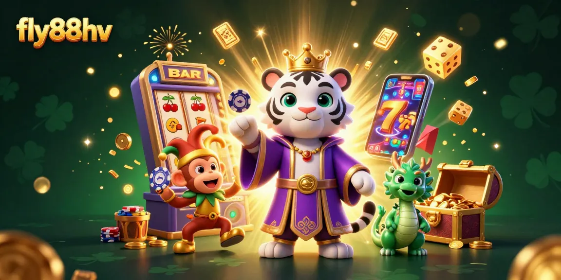 Experience thrilling jackpots with fly88hv in this vibrant casino scene featuring a tiger, monkey, and dragon.