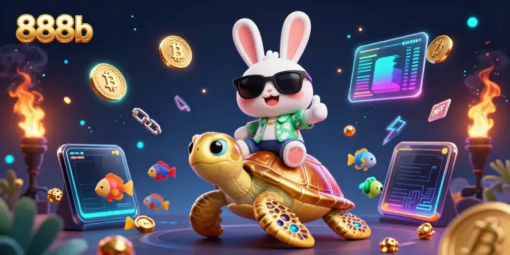 Experience the thrill of 888b casino with a lucky rabbit and golden sea turtle in a vibrant 3D illustration.