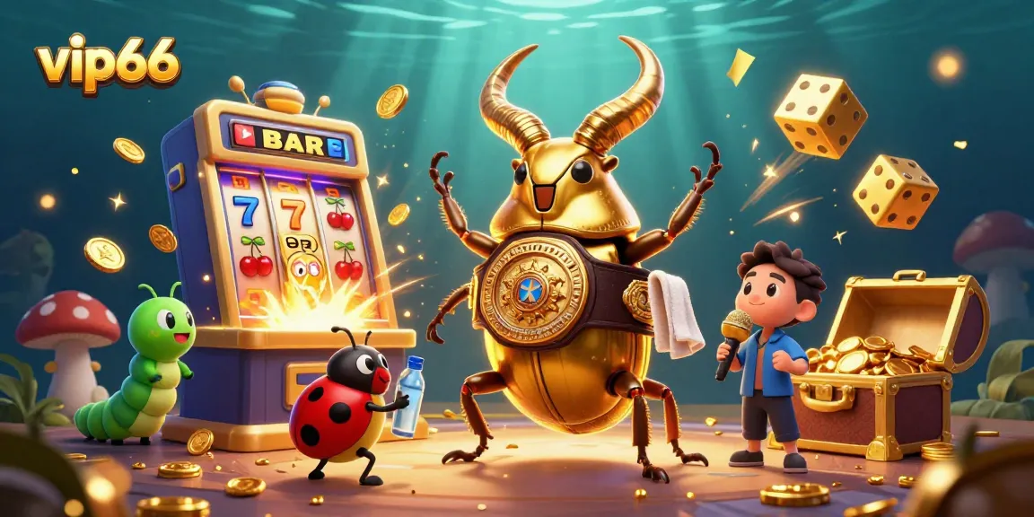 Experience VIP66 gaming with a dynamic scene featuring colorful slot machines and lively characters.
