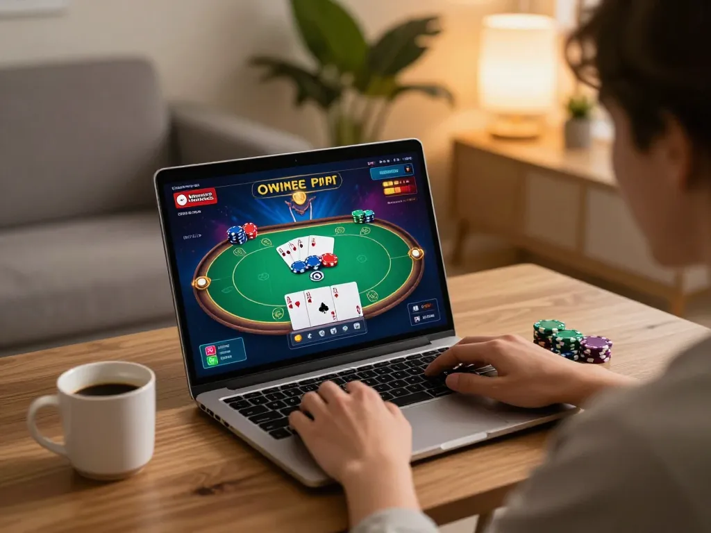 Engaging in online casino gaming at home featuring link tg88 poker setup with warm ambiance.