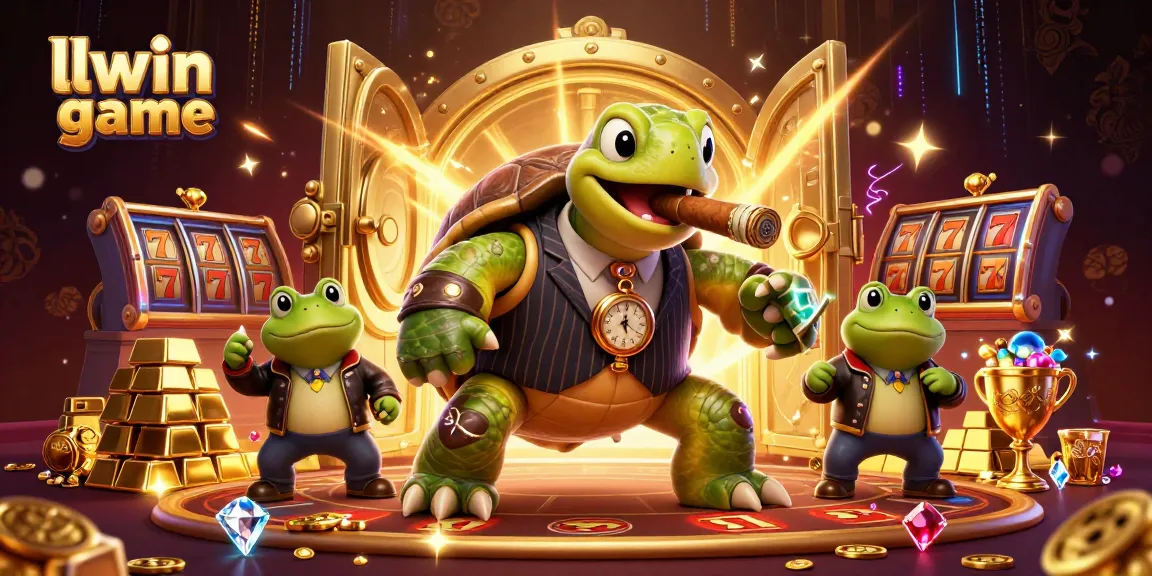 Engage with the llwin game, where a snapping turtle and bullfrogs enjoy a vibrant casino atmosphere.