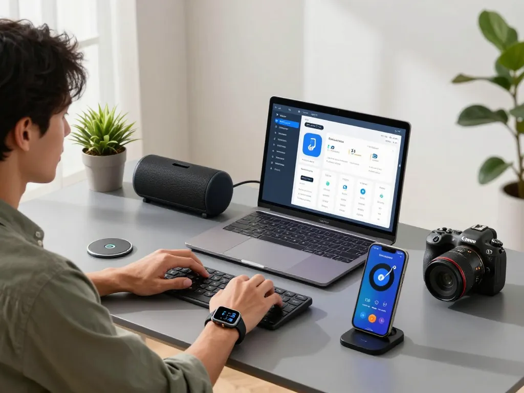 Engaging scene of a young professional using affordable tech gadgets in a modern home office, showcasing Bluetooth speakers and a wireless keyboard.