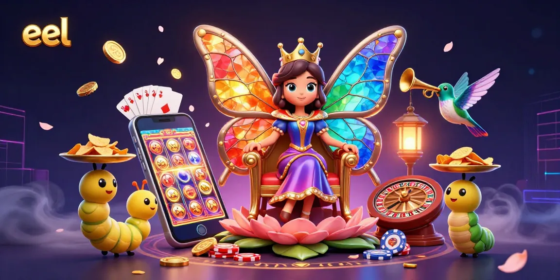 Engage with the eel-themed casino scene featuring the butterfly queen amidst golden chips and slot game excitement.