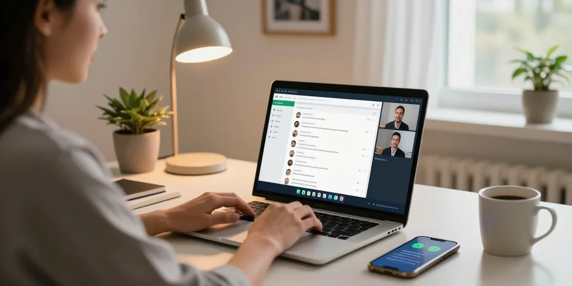 Using WhatsApp電腦版 in a modern home office setting with a laptop, smartphone, and warm lighting.