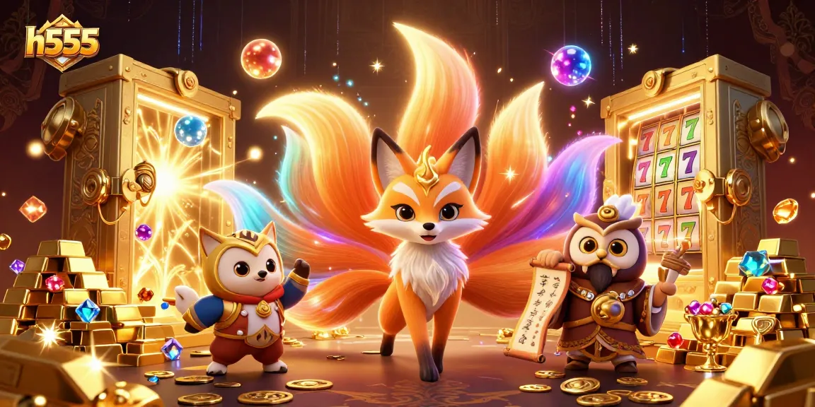 Join the excitement of h555 with a vibrant 3D illustration showcasing a fox spirit and owl sage amidst dazzling casino themes.