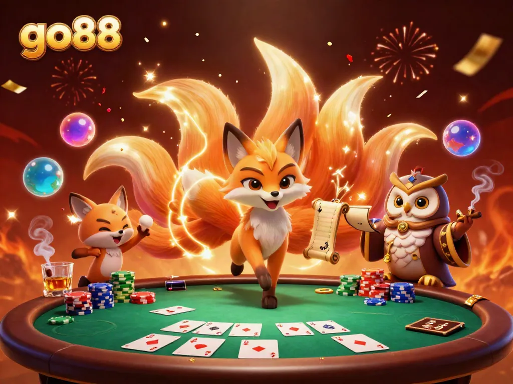 Join the excitement at go88 with a colorful nine-tailed fox and wise owl, showcasing a vibrant poker scene.