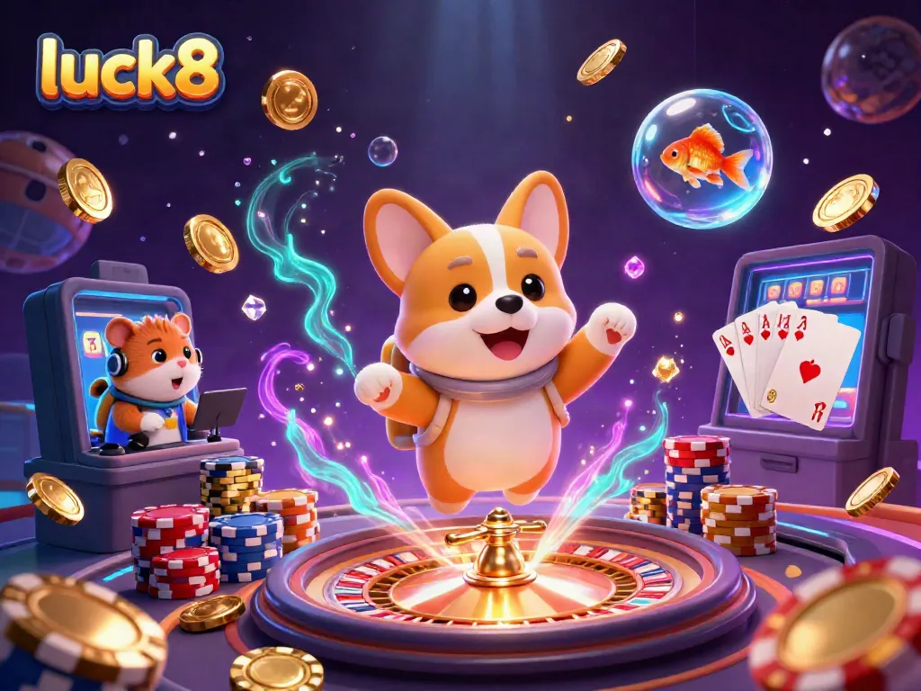 Experience the thrill at luck8 with an astronaut corgi and mission-control hamster in a vibrant casino scene.