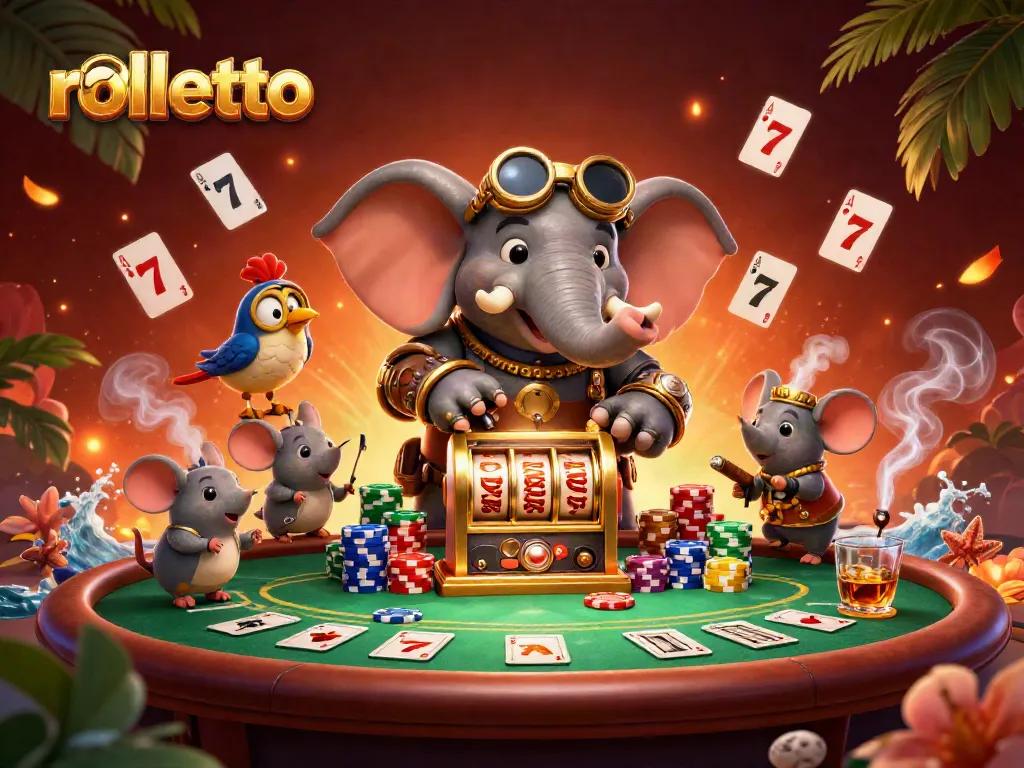 Experience rolletto's thrilling casino environment with a steampunk elephant, dynamic slot machines, and poker chip towers.