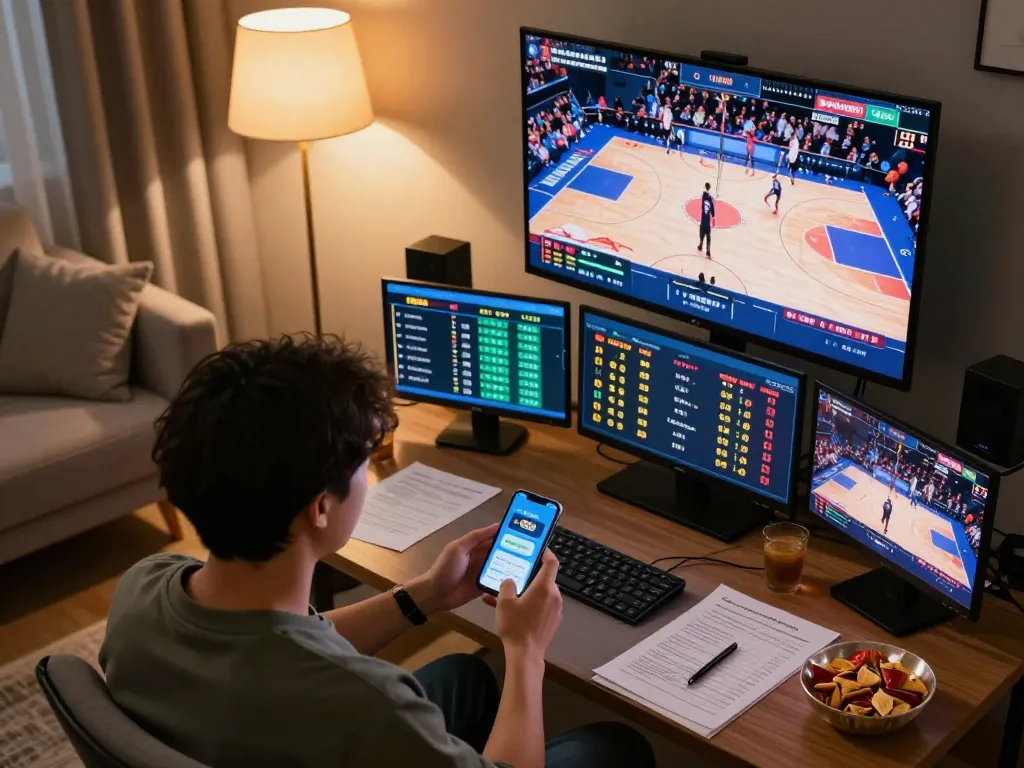 Person strategizing sports bets using mm888 app in a modern setup at home.