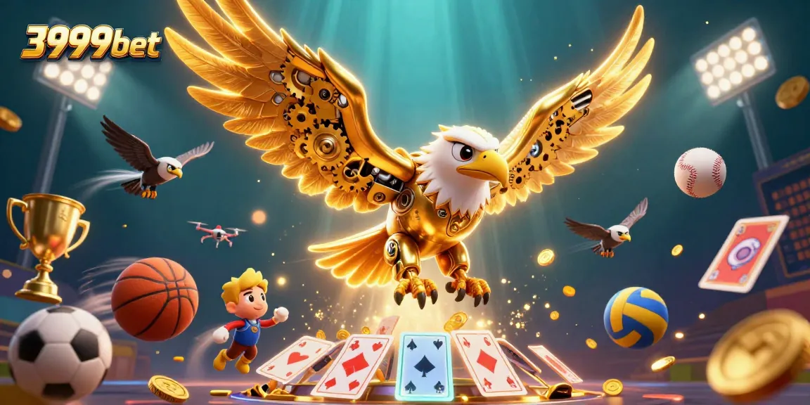 Engage in exhilarating slot games at 3999bet with dynamic imagery of a golden eagle amidst holographic playing cards.