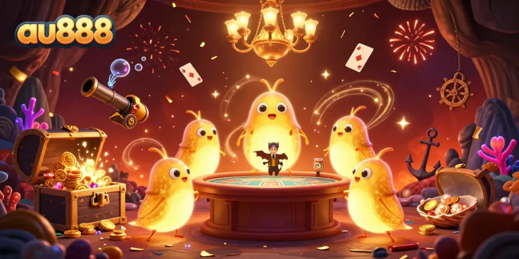 The glowworms illuminate the vibrant cave casino scene, featuring elements representing au888 gaming excitement with gold coins and confetti.