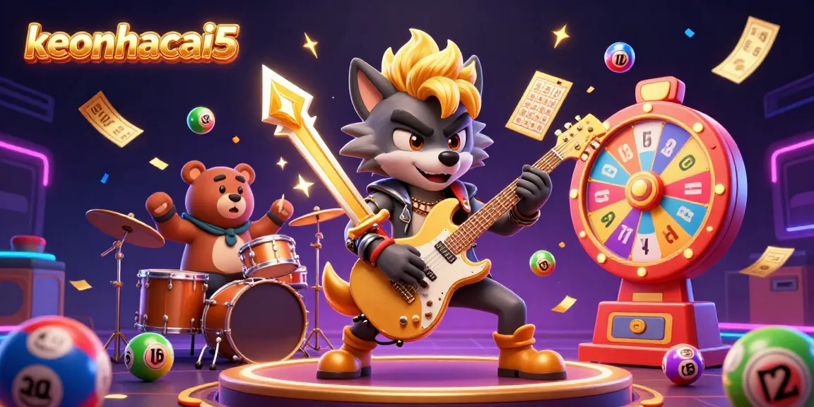 Engage with exciting games at keonhacai5 as a cartoon wolf rocks the stage with vibrant casino elements.