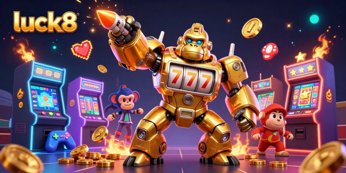 Experience the excitement of luck8 with a dynamic golden gorilla mech and slot machines bursting with coins.