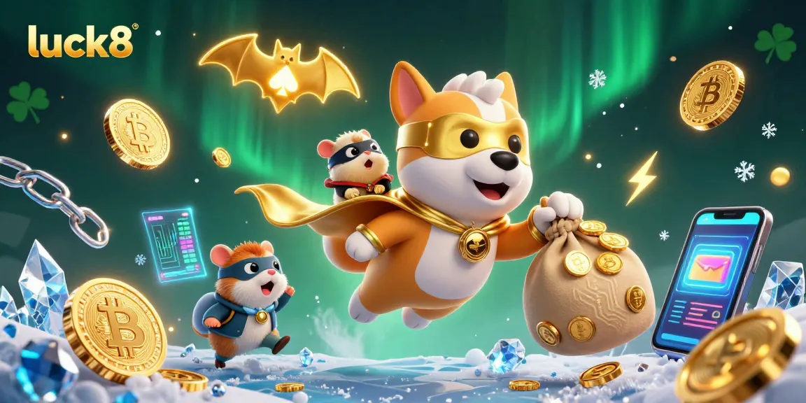 luck8 casino offers an exciting environment with a superhero dog delivering rewards amid digital currencies and gaming symbols.