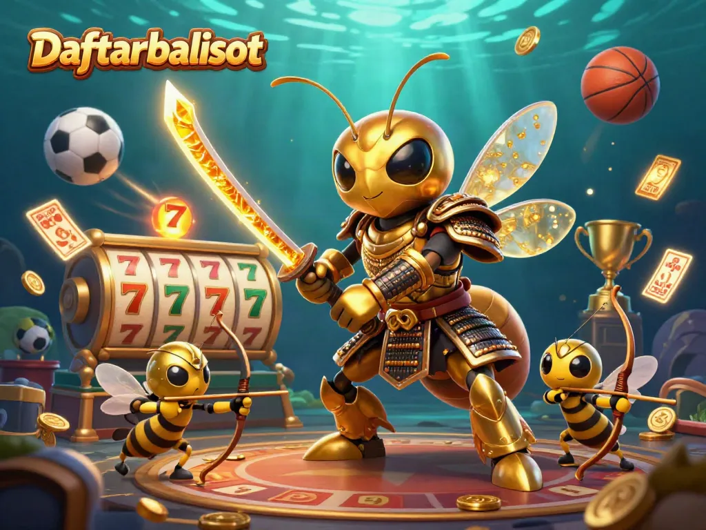 Exciting scene showcasing Daftar balisot with a giant golden hornet and gambling elements like slot reels and trophies.