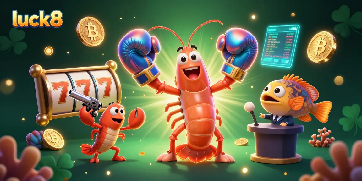 Experience winning strategies at luck8 with vibrant slot games and cryptocurrency elements in an engaging 3D illustration.