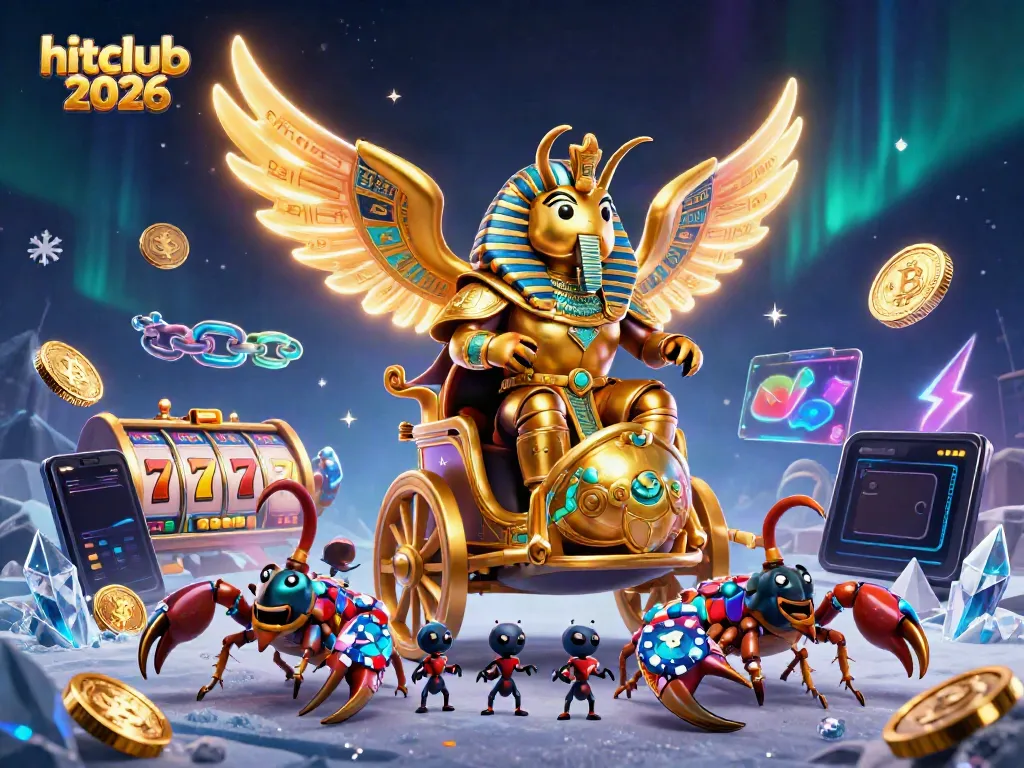 Experience the excitement of hitclub 2026 with a dynamic illustration of a golden beetle and vibrant casino elements.