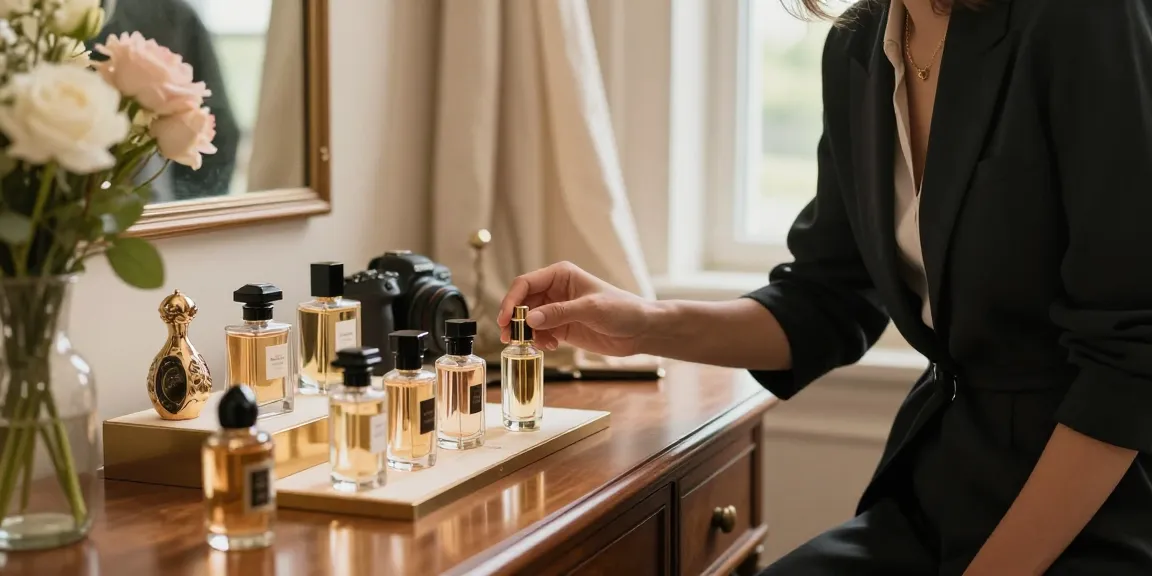 Discover luxury perfume samples and decants showcased on a stylish vanity in elegant lifestyle setting.