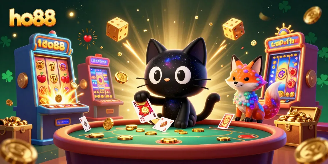 Engage with ho88's vibrant casino atmosphere featuring a cosmic cat and a colorful fox amidst jackpot excitement.