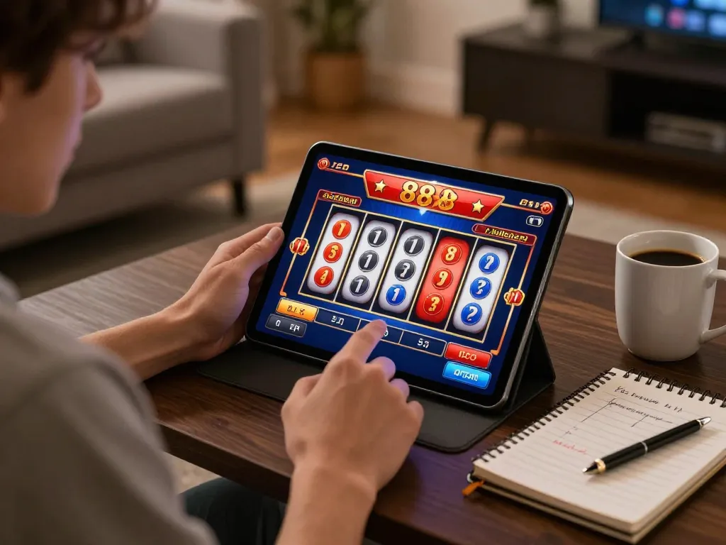 Enjoying an engaging session of the 888slot game on a tablet in a cozy, relaxed home setting.