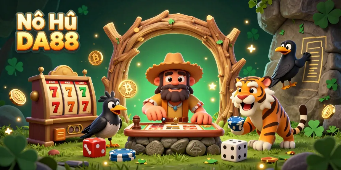 Nổ Hũ DA88 brings the thrill of jackpot slots to life in a vibrant prehistoric casino scene.