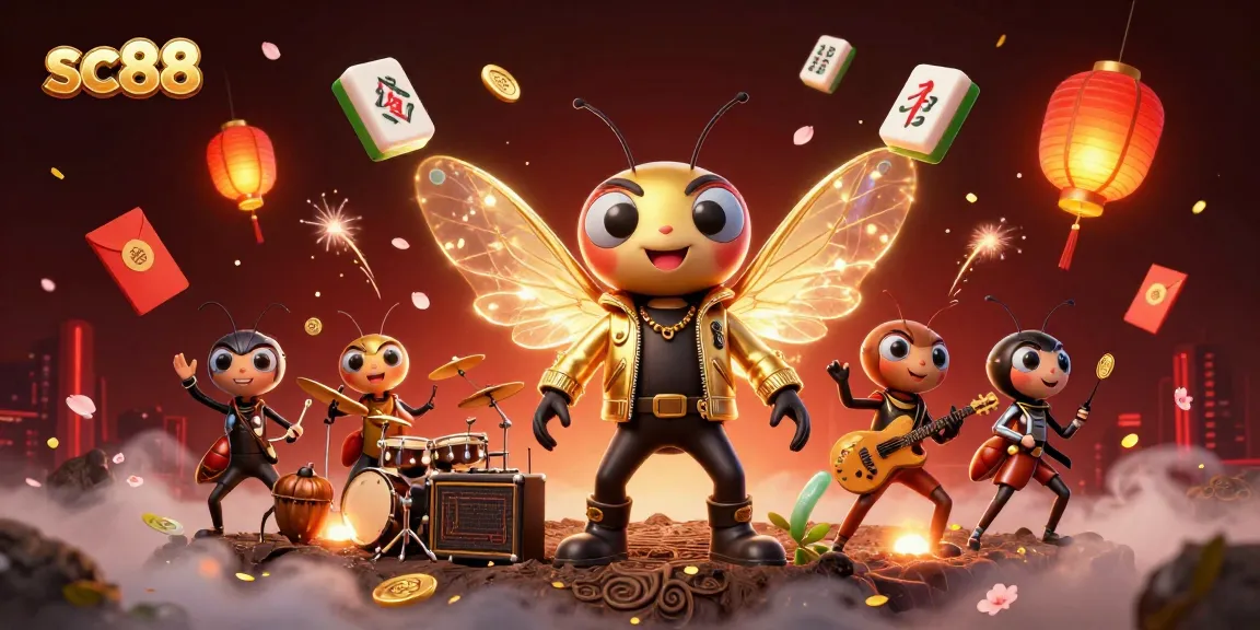 Experience excitement at sc88 with a vibrant 3D illustration showcasing a cicada rock star and dynamic casino elements.