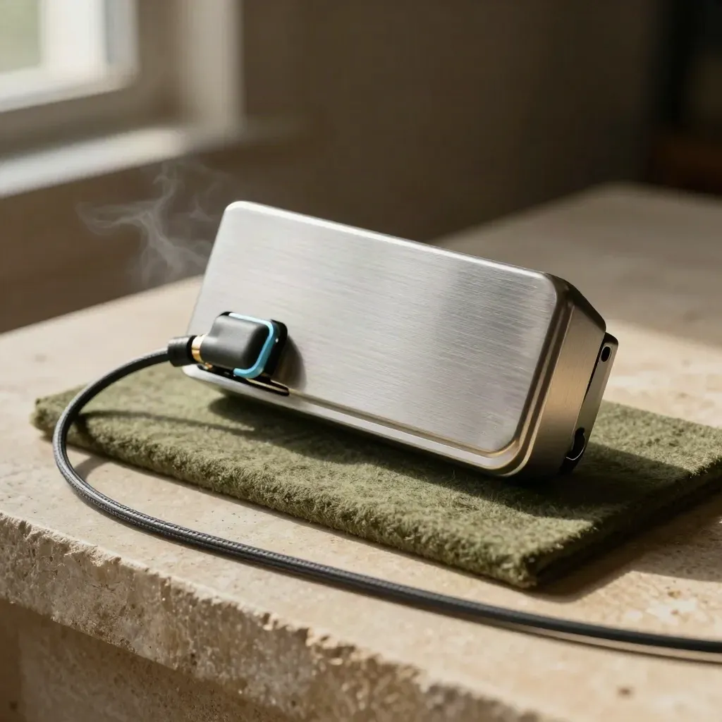 Aluminium prototype shell, cable loop and magnetic puck on a khaki stone bench with blue accent.