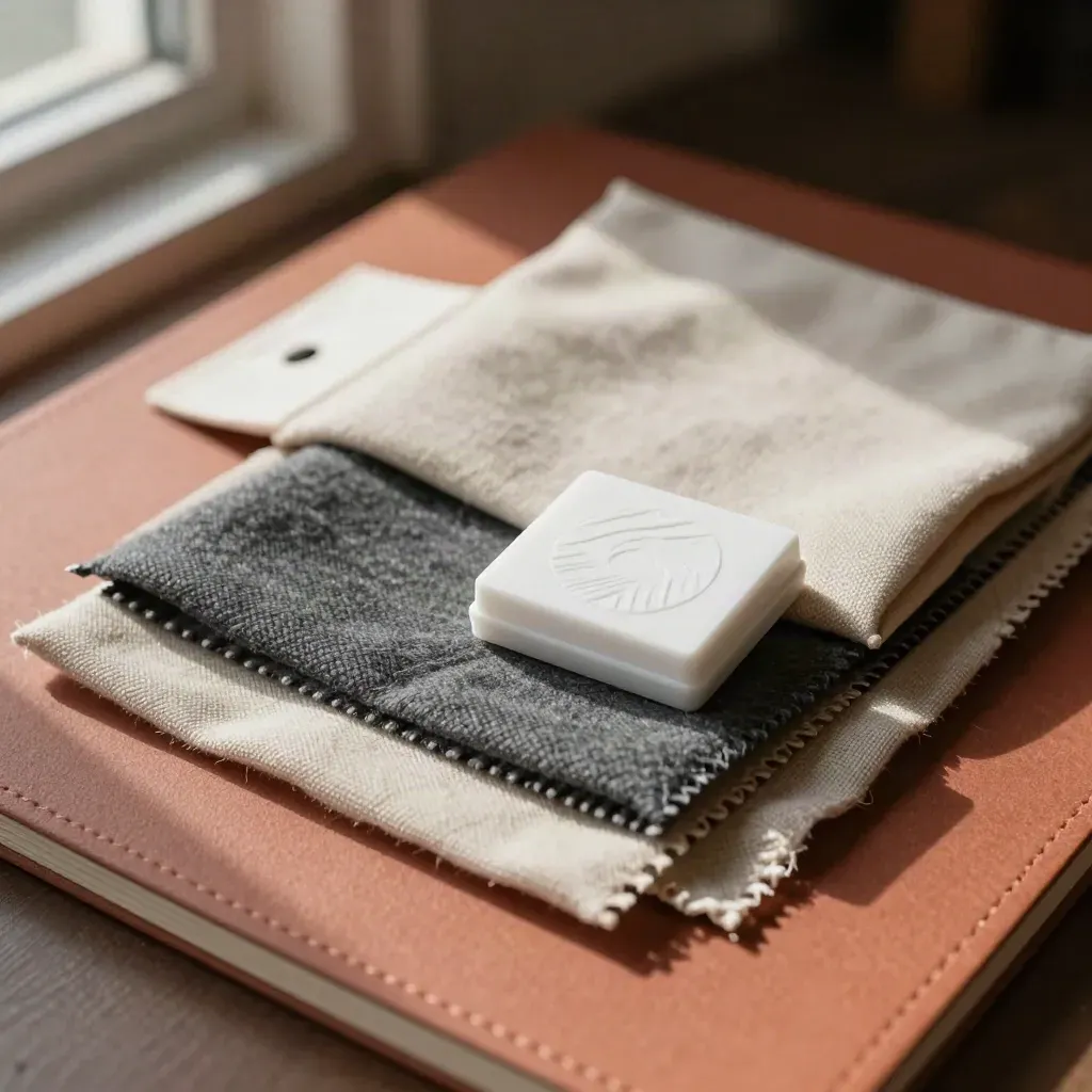 Top-down close-up of fabric swatches, embossed chip, and sealed sample pouch on clay-toned surface.