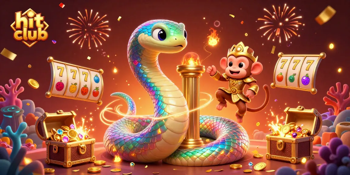 Hit club showcases a vibrant 3D casino scene with slot reels and magical characters.