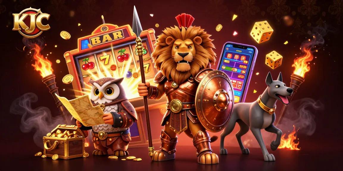 KJC engages players with a vibrant, elaborate jackpot scene featuring a Spartan lion, owl, and greyhound amid a thrilling casino atmosphere.
