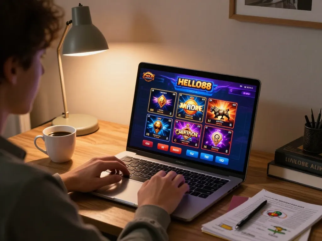 Person enjoying online gambling at HELLO88 with laptop and strategy notes on the table