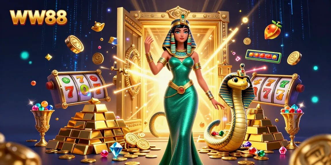 Play slots and win at WW88 in a vibrant casino scene filled with treasures and dynamic gaming elements.