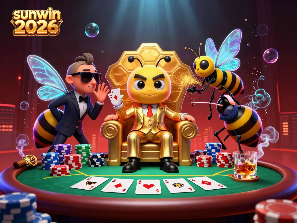 Engage with sunwin 2026's vibrant 3D poker scene featuring a bumblebee mob boss and luxurious casino elements.