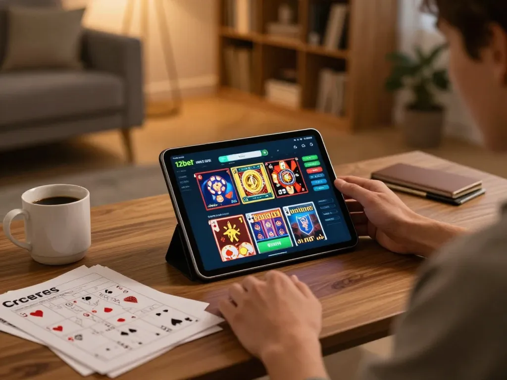 Trò chơi hấp dẫn trên ứng dụng 12bet với một người chơi đang lập chiến lược trong không gian ấm cúng tại nhà