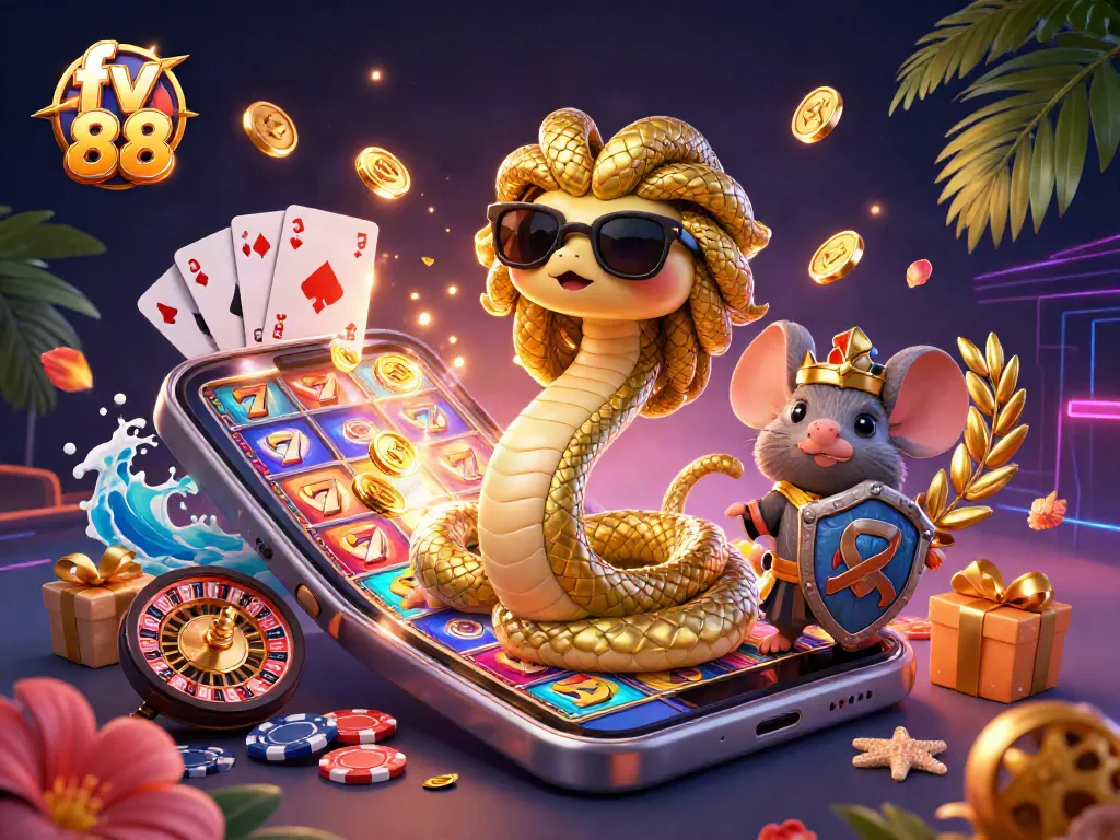 Spin and win big with fv 88 in this vibrant casino scene featuring Medusa and game elements.