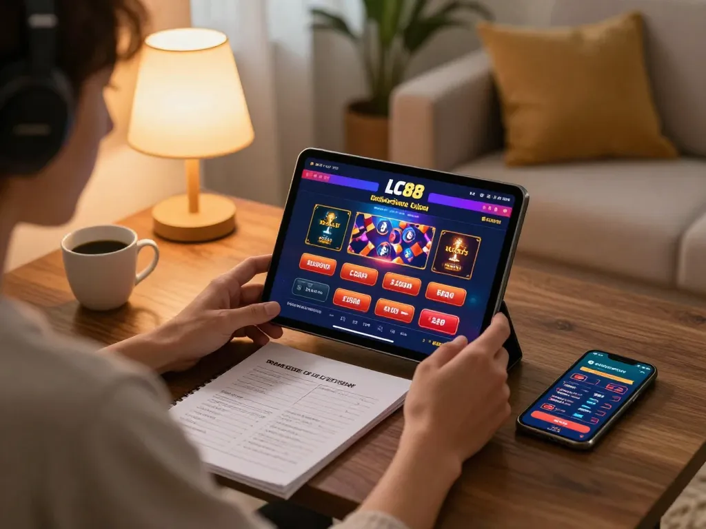 Engaging gaming moment on LC88 casino app within cozy home setup.