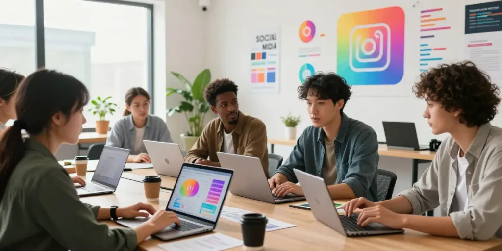 Team collaborating in a vibrant workspace focused on gaining Instagram followers.