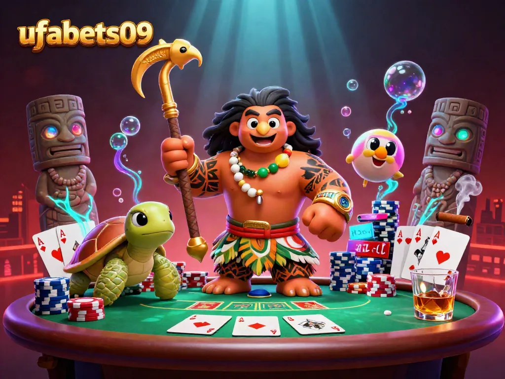 Play poker creatively with ufabets09 while enjoying a vibrant, action-packed illustration.