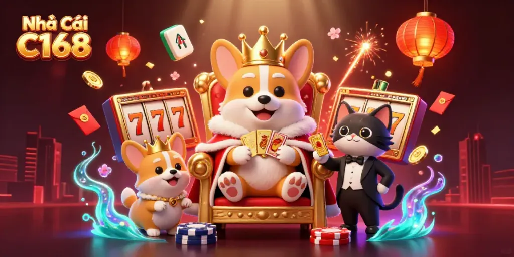 Experience high-stakes excitement with Nhà Cái C168 in this colorful casino scene filled with vibrant elements.