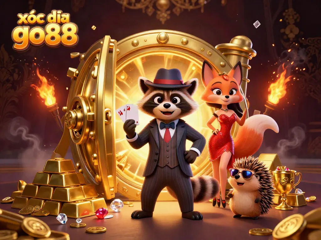 Engage in the thrilling game experience of xóc đĩa go88 with raccoon and fox characters surrounded by golden treasures.