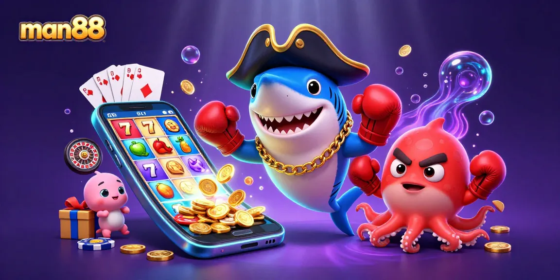Experience the excitement of man88 with a vibrant casino-themed illustration featuring playful characters and gaming elements.