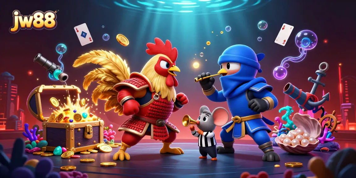 Compete in thrilling casino adventures at JW88, as fighting roosters clash with dazzling treasure around them.