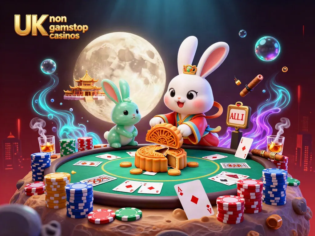 Engaging illustration showcasing UK non gamstop casinos with a folklore-inspired moon rabbit scene.